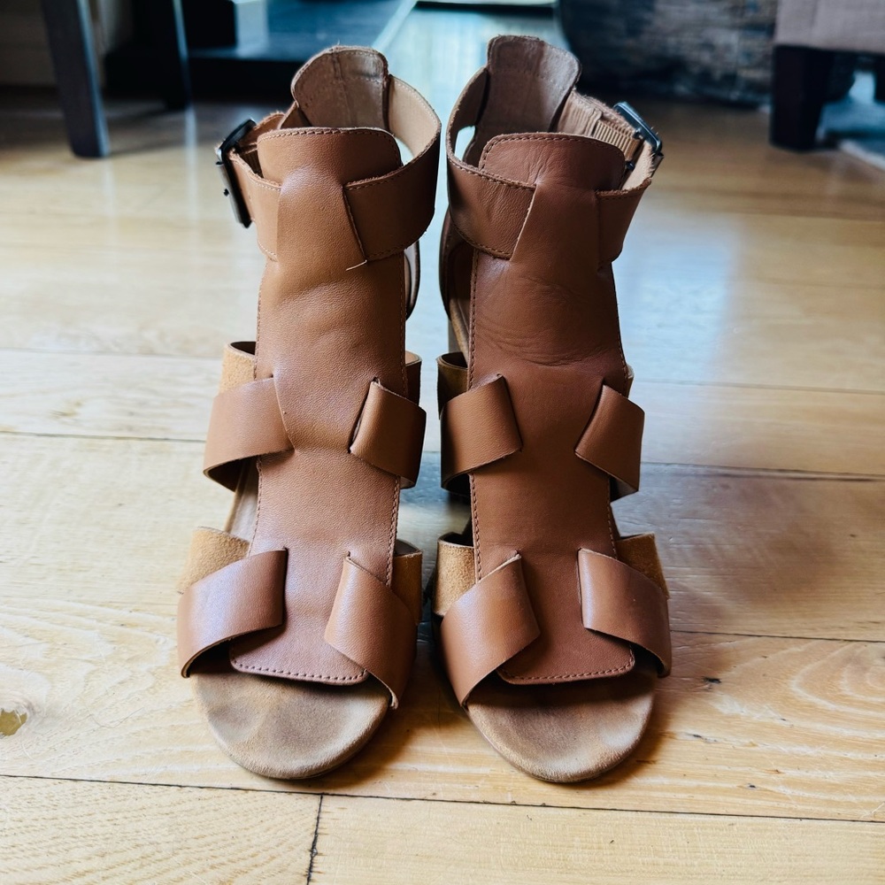 Natural Beige Leather Women's Sandals 4-inch Heel